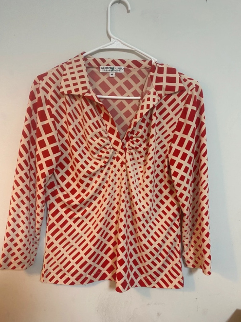 Andria Lieu Red & Cream Twist-Front Geometric Blouse